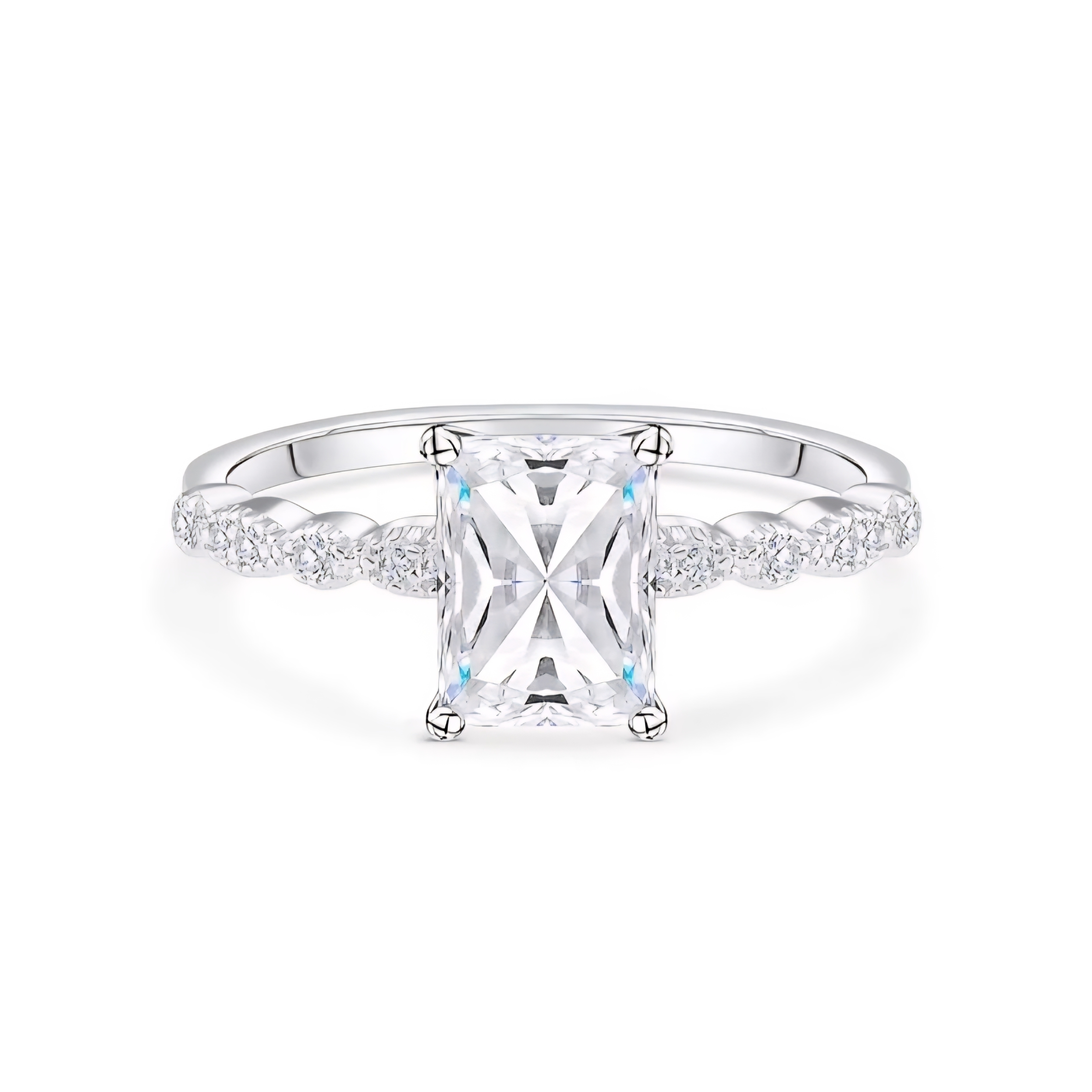 Silver Emerald-Cut Cz Solitaire Engagement Ring With Pav Band - White